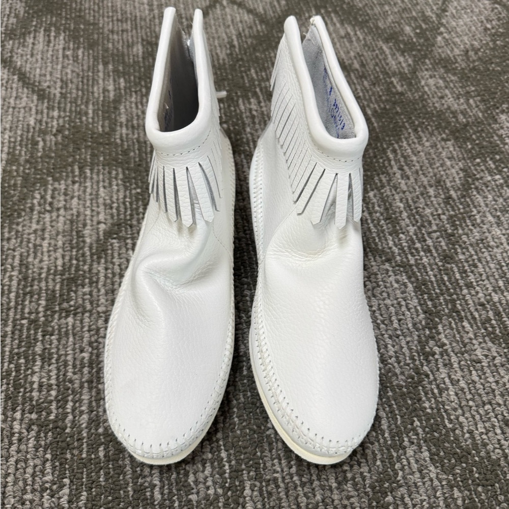 Minnetonka leather White Fringe Ankle Boots